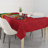 Red Guyana cricket tablecloth draped on dining table with crest and “YOUR TEXT”