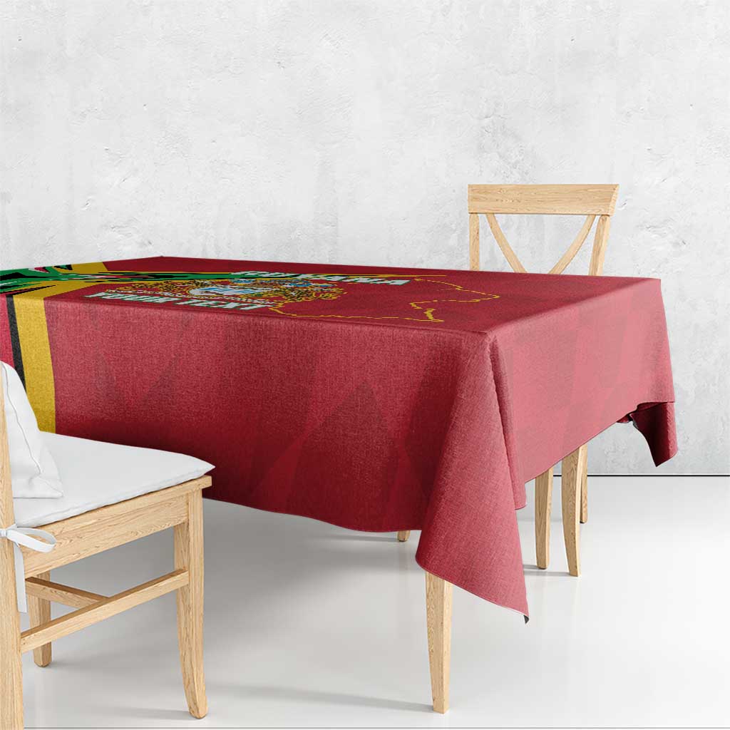 Red Guyana cricket tablecloth on bench table with crest panel and “YOUR TEXT”