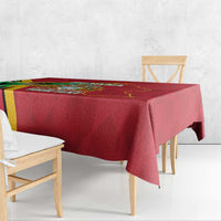 Red Guyana cricket tablecloth on bench table with crest panel and “YOUR TEXT”