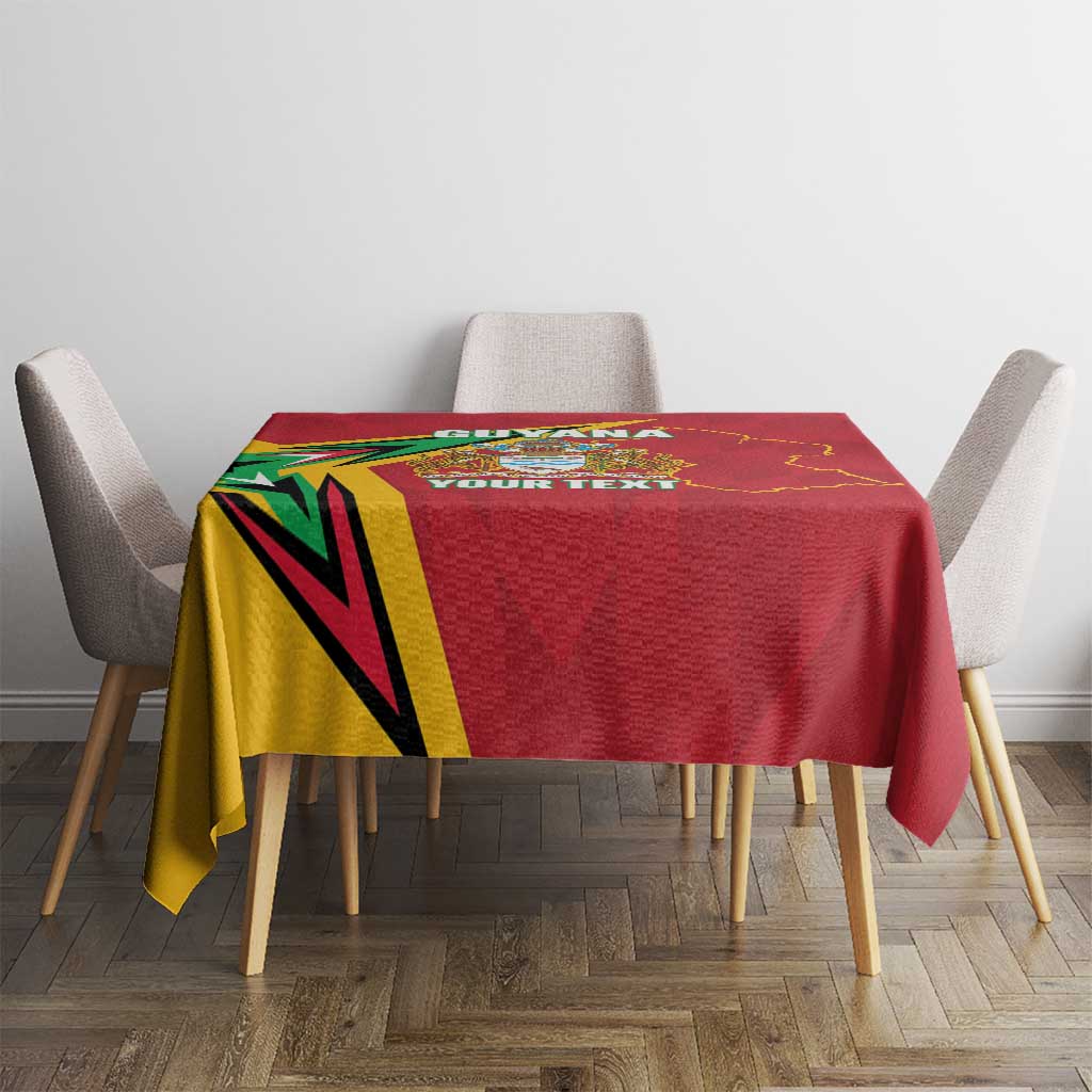 Red custom Guyana cricket tablecloth on round table with graphic corner and “YOUR TEXT”