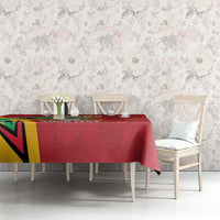 Red Guyana cricket tablecloth on long dining table with crest artwork and “YOUR TEXT”