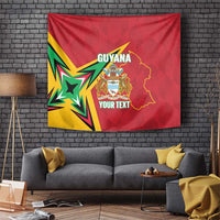 Red Guyana cricket tapestry with colorful starburst, map outline, and “YOUR TEXT”