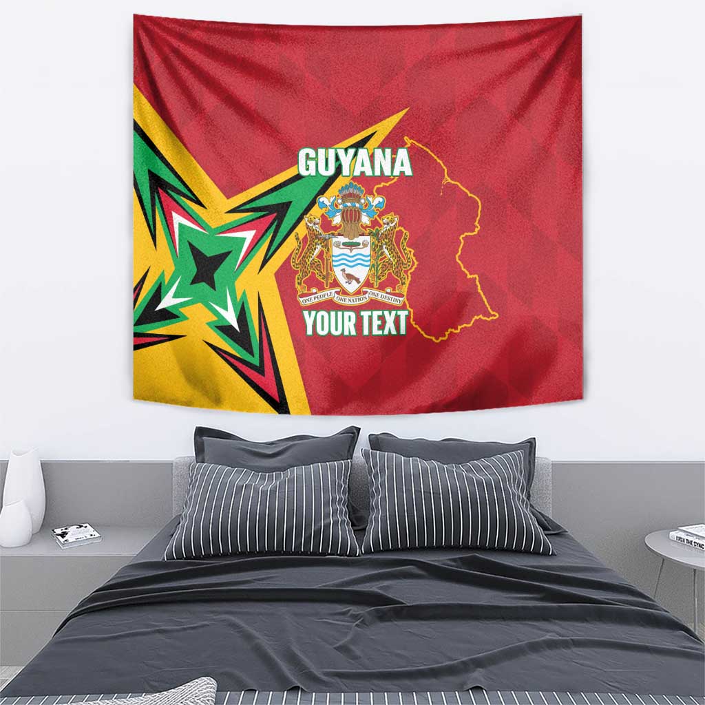 Red Guyana cricket tapestry banner with starburst graphic, crest, and “YOUR TEXT”