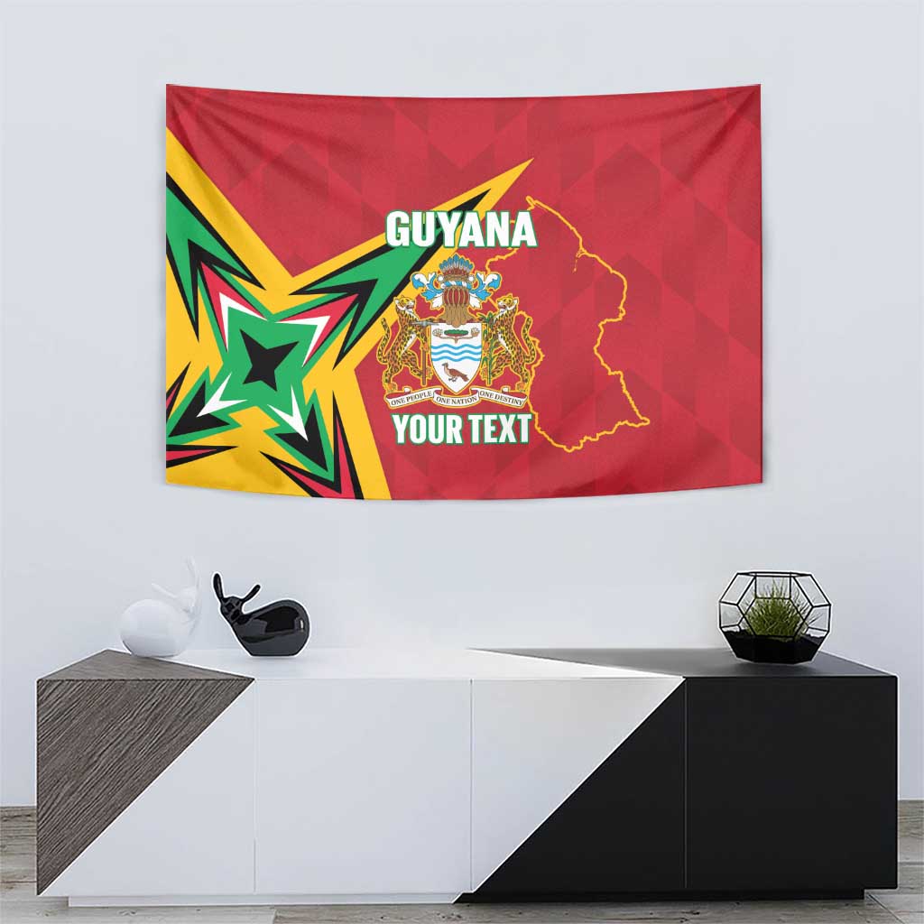 Red Guyana cricket tapestry with starburst corner design, crest, and “YOUR TEXT”