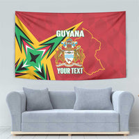 Red Guyana cricket tapestry with Guyana map outline, crest, and “YOUR TEXT”