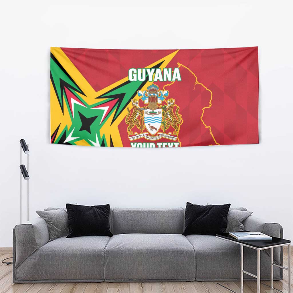 Red Guyana cricket tapestry with bold starburst, crest emblem, and “YOUR TEXT”