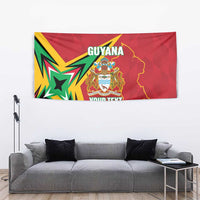 Red Guyana cricket tapestry with bold starburst, crest emblem, and “YOUR TEXT”