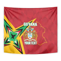 Red Guyana cricket tapestry close-up showing map outline, crest, and “YOUR TEXT”