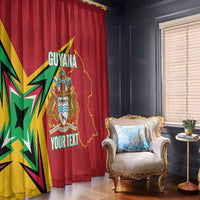Red Guyana cricket window curtain with emblem and map design plus custom text panel.