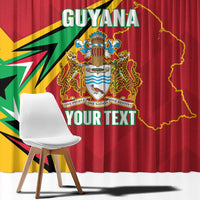 Red Guyana curtain panel with large crest, map outline, and bold custom text.