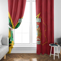 Red Guyana window curtain with emblem and map design, pleated header for hanging.