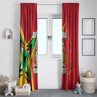 Red Guyana cricket curtain set with emblem and map artwork on both window panels.
