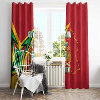 Red Guyana curtain set with top hooks, emblem and map outline, plus custom text.