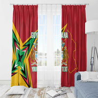 Red Guyana cricket curtain panels with top rings, emblem, map outline, and custom text.