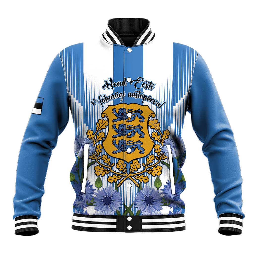 Blue and white baseball jacket with crest graphic, striped sleeves, and varsity collar