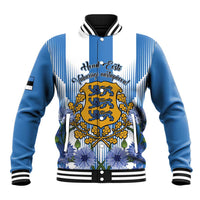 Blue and white baseball jacket with crest graphic, striped sleeves, and varsity collar