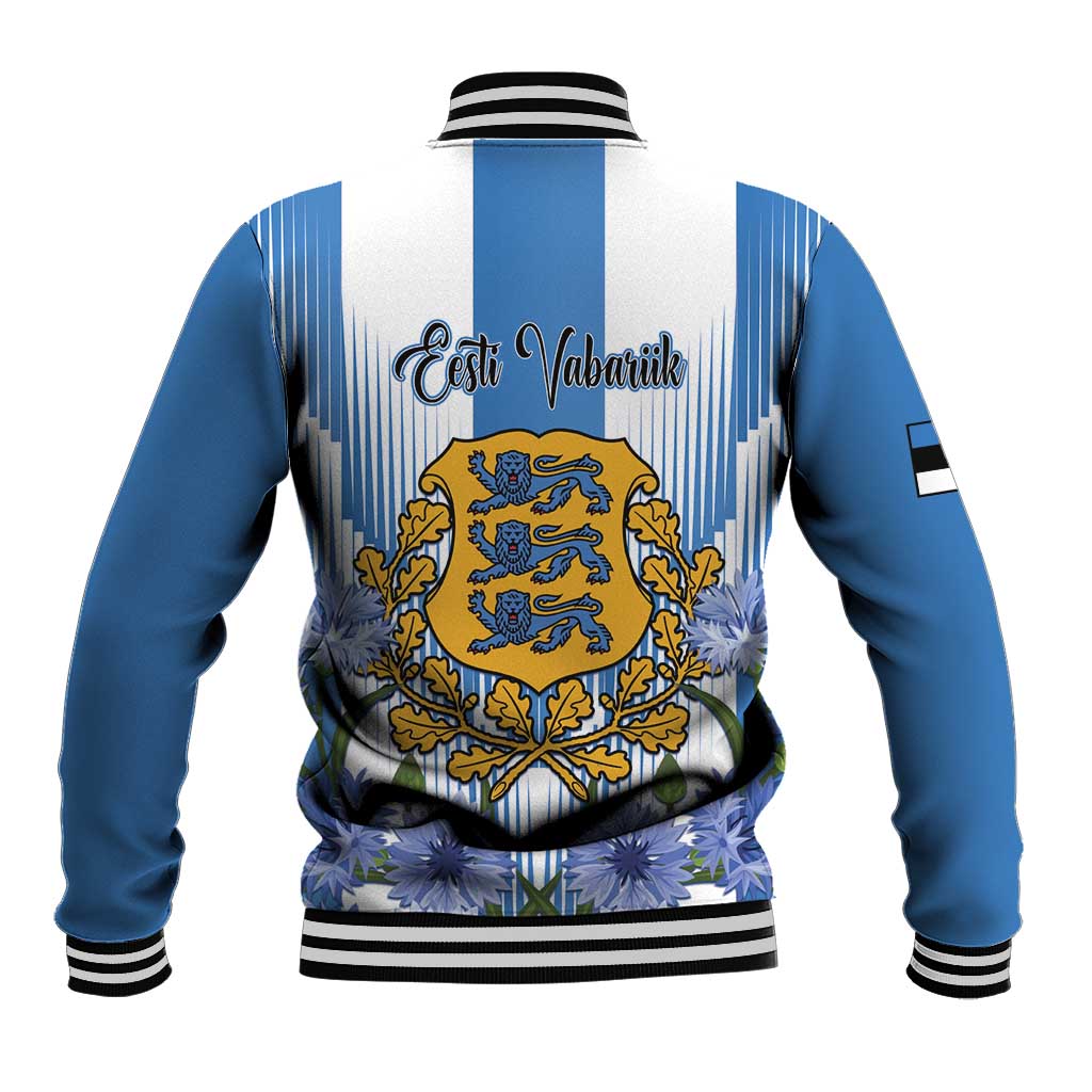 Back view baseball jacket in blue and white with vertical stripes and crest emblem