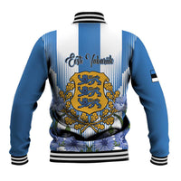 Back view baseball jacket in blue and white with vertical stripes and crest emblem