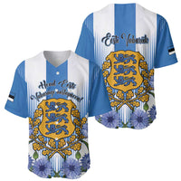 Blue and white baseball jersey shown front and back, with crest and floral graphics