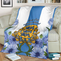 Estonia Independence Day blanket, blue-and-white stripes with large crest and flower print