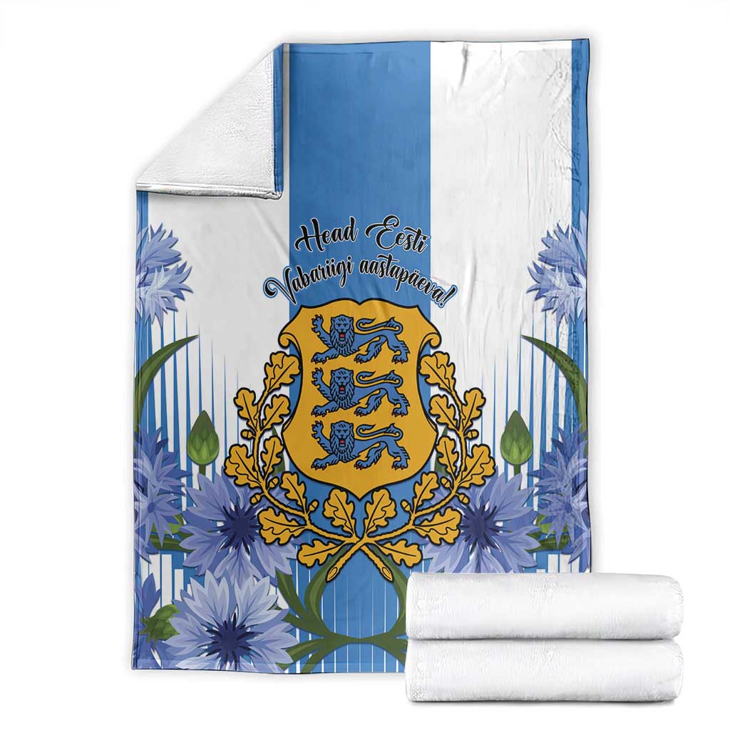 Estonia Independence Day blanket folded, blue-and-white floral and crest graphic