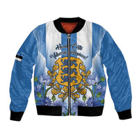 Blue and white bomber jacket with zipper, black ribbed collar and cuffs, Estonia crest graphic
