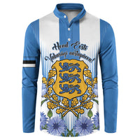 Blue button sweatshirt with front crest emblem and floral print