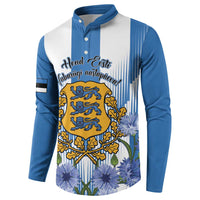 Blue button sweatshirt with front crest design, blue flowers, and striped pattern