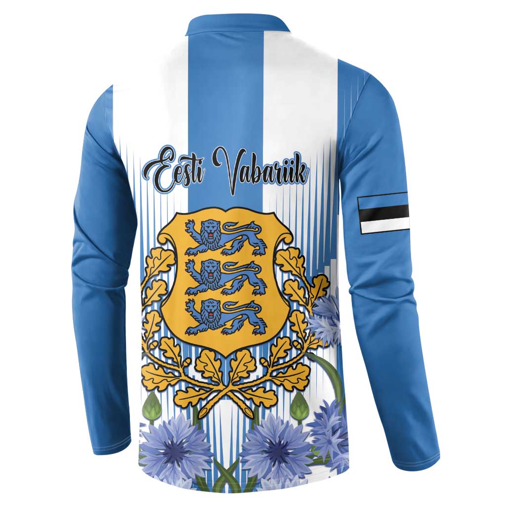 Blue button sweatshirt back graphic with crest emblem, floral motifs, and vertical stripes
