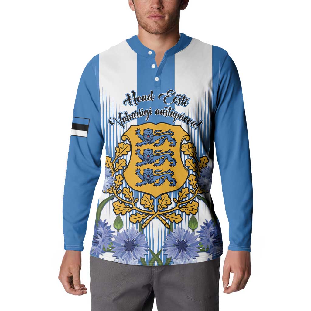 Blue long-sleeve henley sweatshirt with button placket and crest floral print