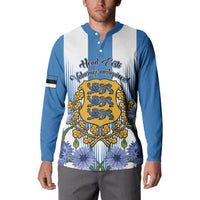 Blue long-sleeve henley sweatshirt with button placket and crest floral print