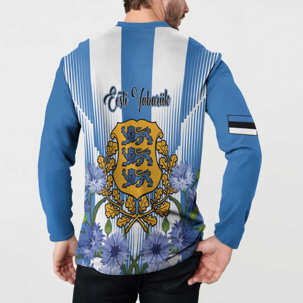 Blue long-sleeve henley sweatshirt back print with crest emblem and blue flower accents