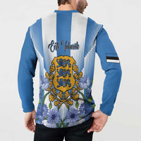 Blue long-sleeve henley sweatshirt back print with crest emblem and blue flower accents