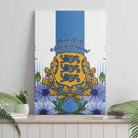 Blue and white canvas wall art with Estonia crest, blue flowers, and floral wreath text