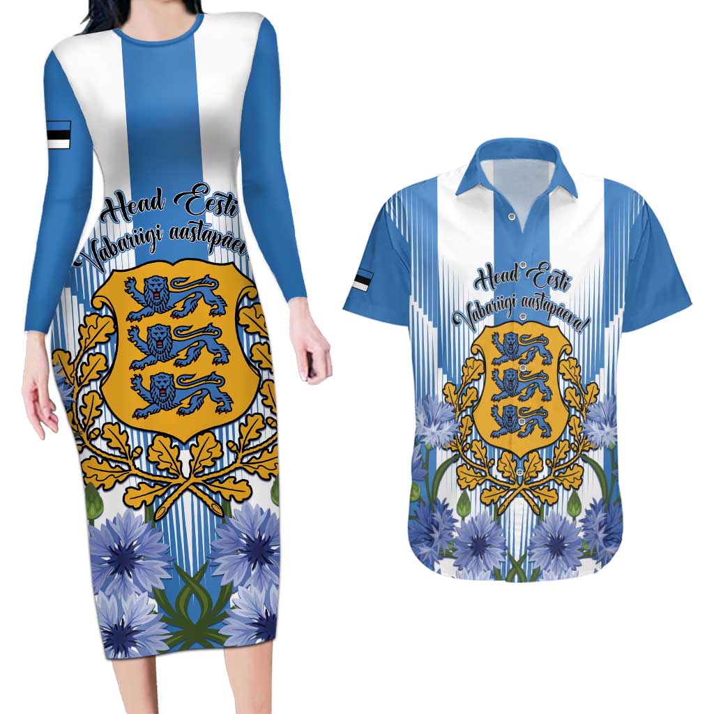 Estonia Independence Day Couples Matching Long Sleeve Bodycon Dress and Hawaiian Shirt Head Eesti Vabariigi Aastapaeva!