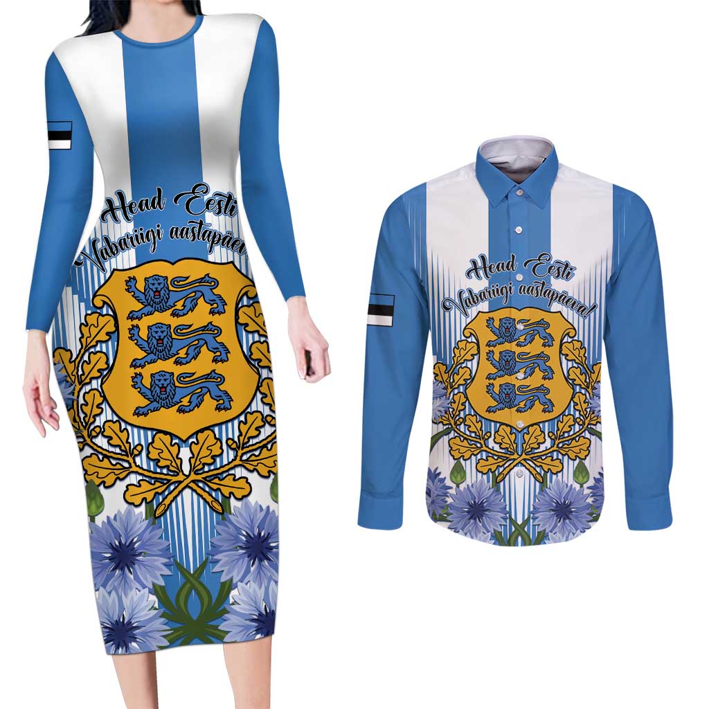 Estonia Independence Day Couples Matching Long Sleeve Bodycon Dress and Long Sleeve Button Shirt Head Eesti Vabariigi Aastapaeva!