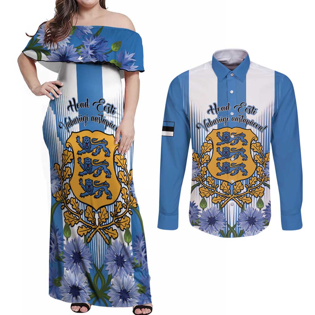 Estonia Independence Day Couples Matching Off Shoulder Maxi Dress and Long Sleeve Button Shirt Head Eesti Vabariigi Aastapaeva!