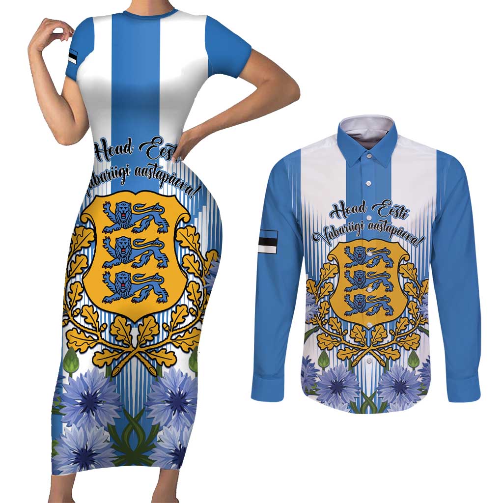 Estonia Independence Day Couples Matching Short Sleeve Bodycon Dress and Long Sleeve Button Shirt Head Eesti Vabariigi Aastapaeva!