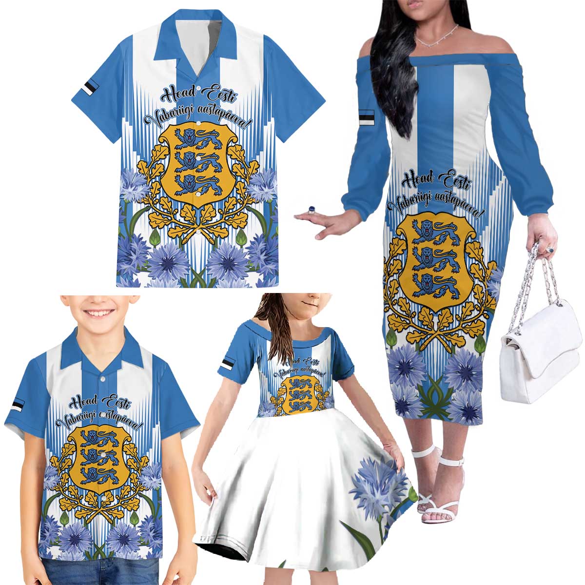 Estonia Independence Day Family Matching Off The Shoulder Long Sleeve Dress and Hawaiian Shirt Head Eesti Vabariigi Aastapaeva!