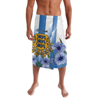 Blue and white lavalava-style wrap shorts with crest graphic, blue flowers, and elastic waistband