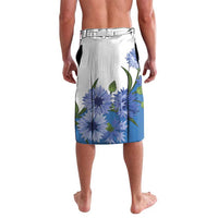 Blue and white lavalava-style wrap shorts, back view with blue floral print and elastic waistband