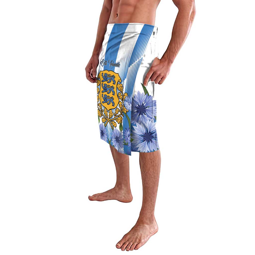 Blue and white lavalava-style wrap shorts with vertical stripes, crest badge, and blue flower print