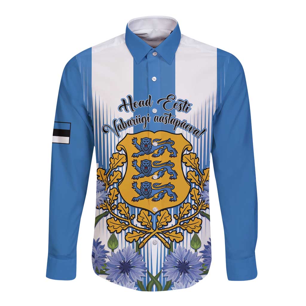 Blue and white long-sleeve button shirt with front emblem, laurels, flowers print