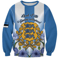Unisex crewneck sweatshirt, light gray and blue with blue floral emblem graphic
