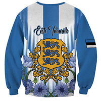 Unisex crewneck sweatshirt, blue sleeves and gray body with coat-of-arms floral print