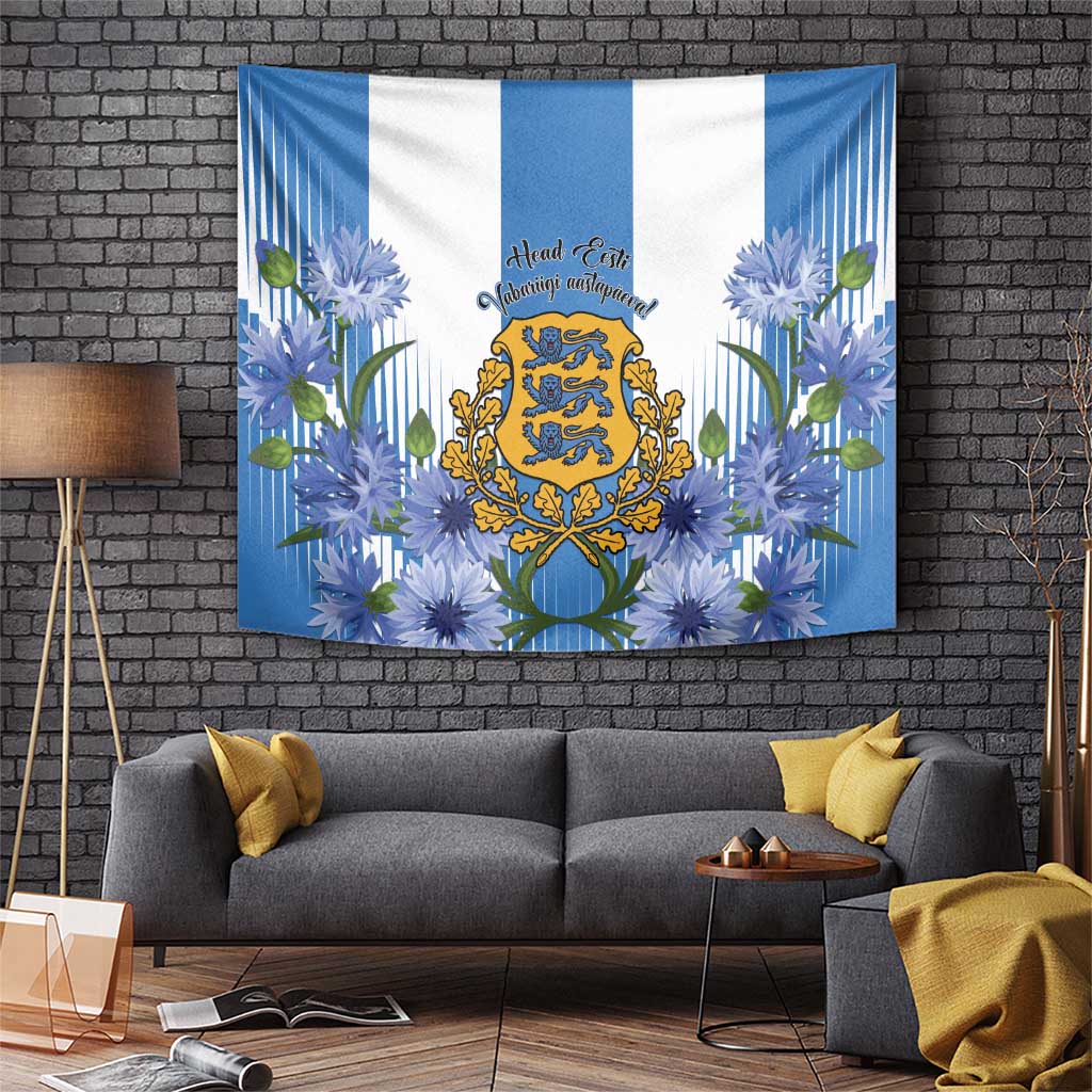 Rectangular blue-and-white tapestry with Estonian crest and blue flower border