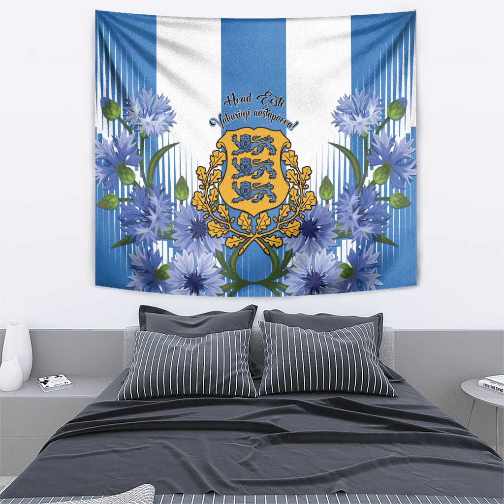 Rectangular blue-and-white tapestry featuring Estonian crest, blue flowers, and green leaves