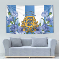 Rectangular blue-and-white tapestry with central gold crest and surrounding blue blossoms
