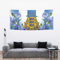 Rectangular blue-and-white tapestry with Estonian crest, blue flowers, and striped panels