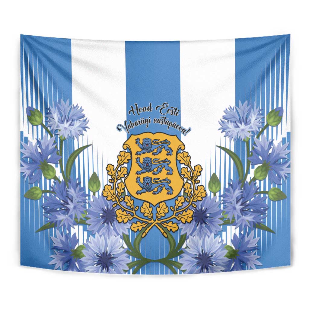 Close-up rectangular blue-and-white tapestry with Estonian crest, ribbon text, and blue blooms